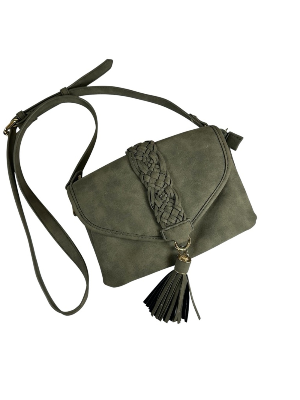 Violet Ray Kenya Crossbody Bag Olive Green Faux Suede Braided Tassel